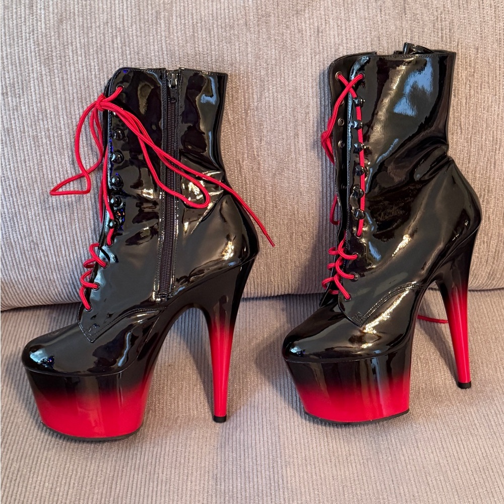 Pleaser Black Patent Platform Lace-Up Boots with Red Ombre Heel - Picture 9 of 9